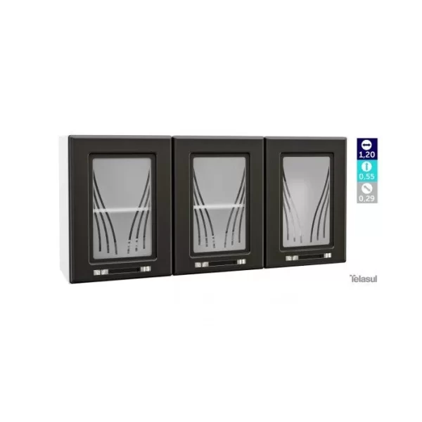 ARMÁRIO AEREO TRIPLO Médio TELASUL 3 PORTAS C/VIDRO BRANCO/PRETO
