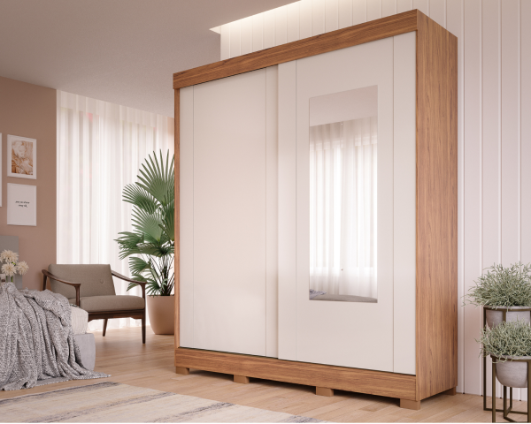 ROUPEIRO iLHEUS 2 PORTAS SLIDE COM KIT ESPELHO CINAMOMO/OFF WHITE