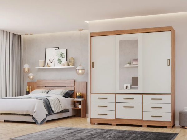 ROUPEIRO LUIZA 3 PORTAS SLIDE COM KIT ESPELHO CINAMOMO/OFF WHITE