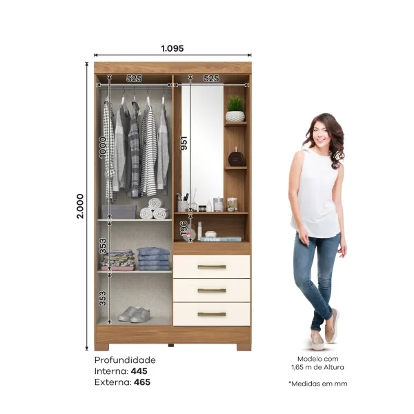 ROUPEIRO B64-127 02 PORTAS 3 GAVETAS NATURE/OFF WHITE