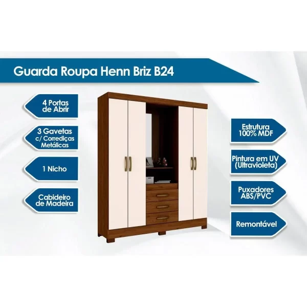 ROUPEIRO B24-166 04 PORTAS 03 GAVETAS NATURE CINZA