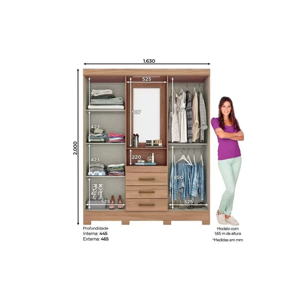 ROUPEIRO B24-166 04 PORTAS 03 GAVETAS NATURE CINZA