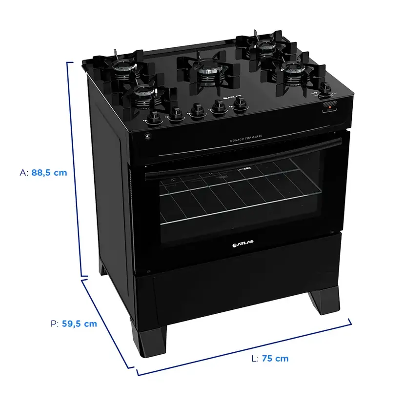 FOGAO GAS 5 BOCAS MONACO TOP GLASS PRETO