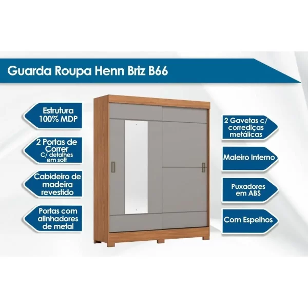 Guarda Roupa Casal 2 Portas de Correr c/ Espelho Briz B66 Castanho/Off White