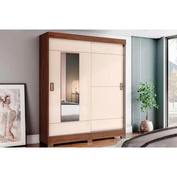 Guarda Roupa Casal 2 Portas de Correr c/ Espelho Briz B66 Castanho/Off White
