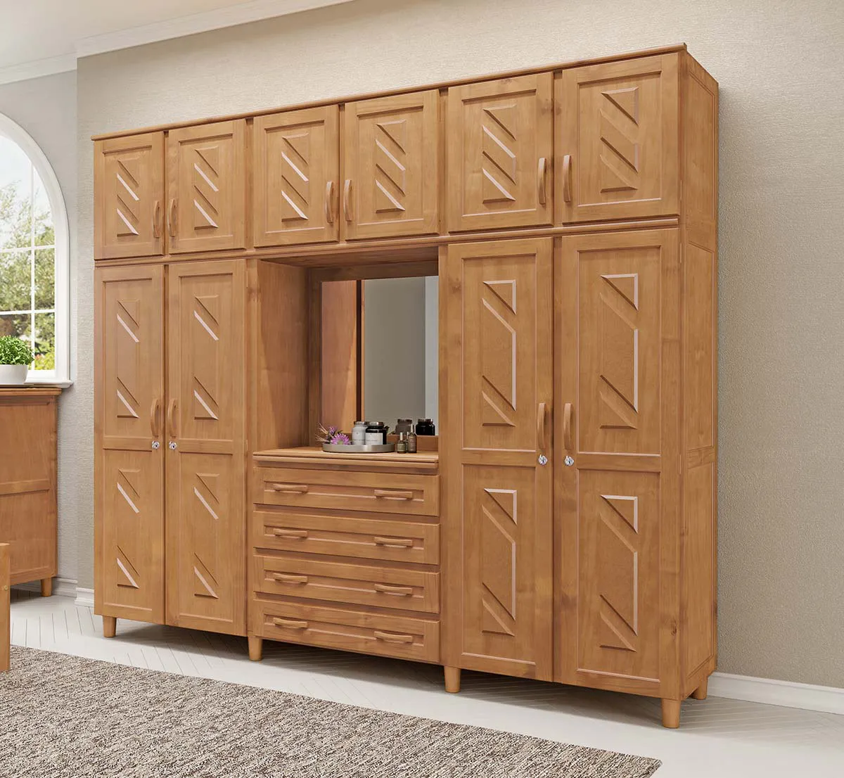 Guarda-Roupa Roupeiro Grécia Capelinha Casal Mel com Espelho 10 Portas 4 Gavetas