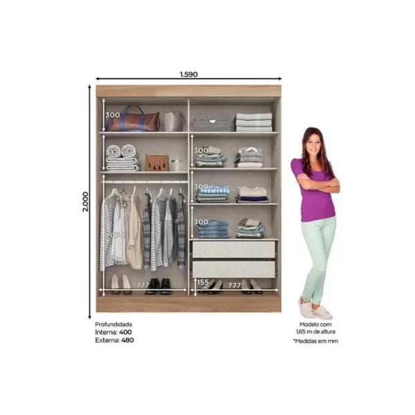 ROUPEIRO 02 PORTAS DESLIZANTES NATURE/OFF WHITE/CINZA