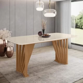 MESA ADRIANA 1800MM CANTO ARREDON C/ VIDRO NATURE/OFF WHITE 6 UNID CADEIRA PIETRA