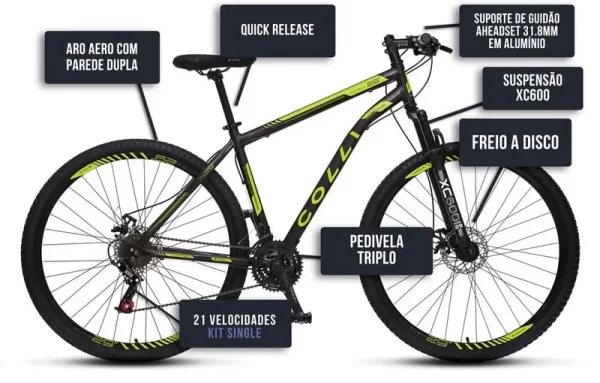 BICICLETA COLLI ATHENA ARO 29 TAMANHO 19  21V PRETO FOSCO/AMARELO NEON D
