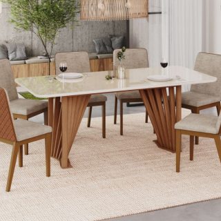 MESA ADRIANA 1800MM CANTO ARREDON C/ VIDRO NATURE/OFF WHITE 6 UNID CADEIRA PIETRA