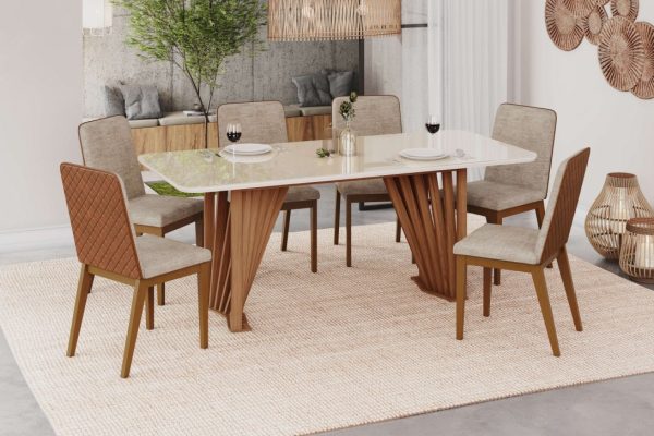 MESA ADRIANA 1800MM CANTO ARREDON C/ VIDRO NATURE/OFF WHITE 6 UNID CADEIRA PIETRA