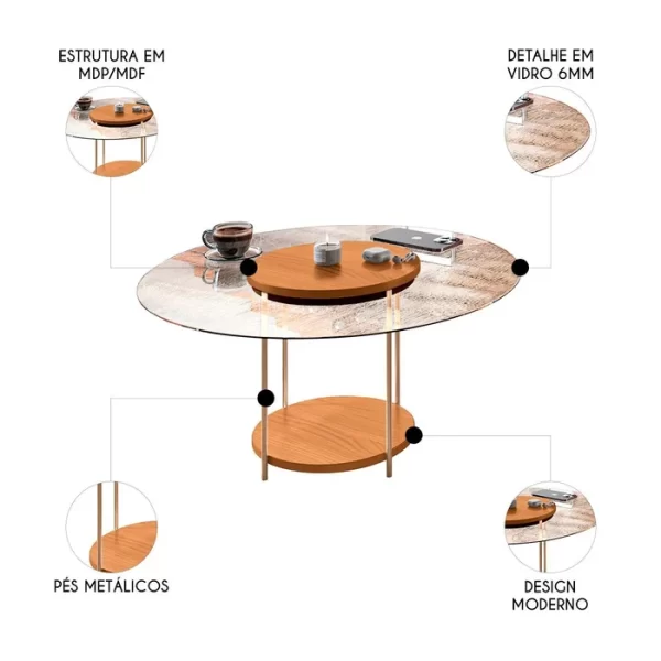 MESA CENTRO SKY TAMPA DE VIDRO – CINAMOMO
