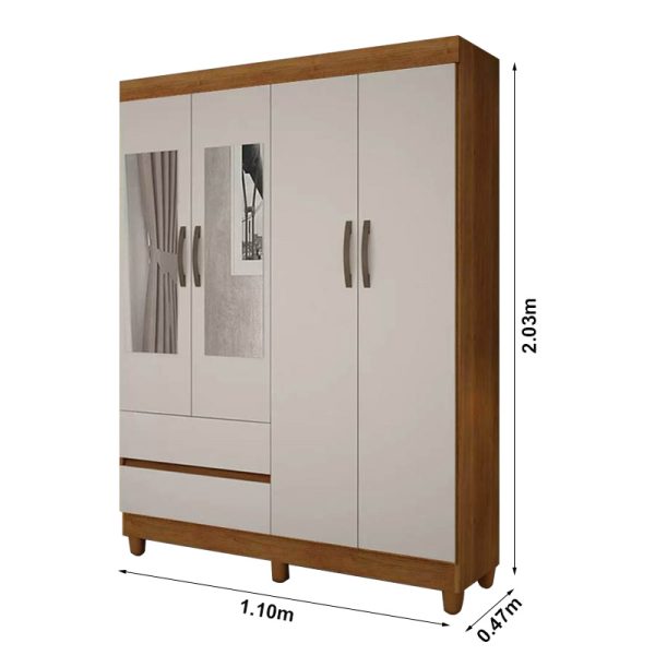 ROUPEIRO PORTO 4 PORTAS COM KIT 2 ESPELHOS CINAMOMO/OFF WHITE