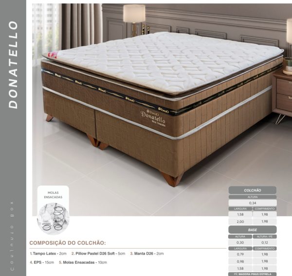 CONJ. BOX DONATELLO M. POCKET 1,98X1,58X0,64M TEC TAMPO:MALHA FLOR GRANDE BEGE SR 950 C/ PILLOW PILLOW PASTEL TEC LAT COL:DELUX VELUDO CARAMELO SR 1000