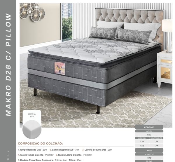 COLCHÃO BOX MAKRO D-28 1,88X1,38X0,52M TEC TAMPO:BOLA GRAFITE 195 C/PILLOW ORTOPILLOW TEC LAT COL:GRAFITE LISO 85