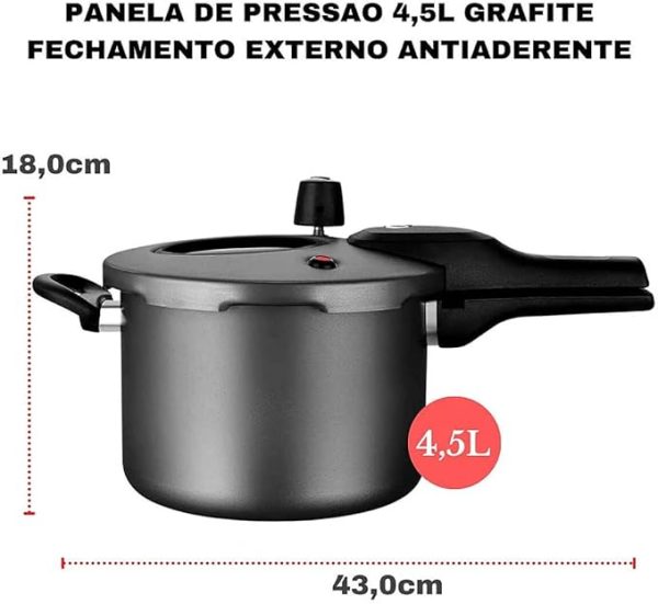 PANELA DE PRESSAO COR GRAFITE COM VISOR DE VIDRO FECHAMENTO EXTERNO N.20 / 4,5L SUPERIOR – DE ALUMINIO COM ANTIADERENTE