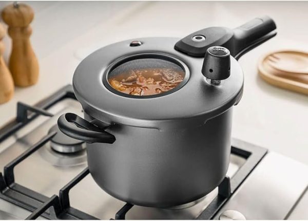 PANELA DE PRESSAO COR GRAFITE COM VISOR DE VIDRO FECHAMENTO EXTERNO N.20 / 4,5L SUPERIOR – DE ALUMINIO COM ANTIADERENTE