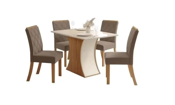 Mesa Luiza 1.200mm canto arredon c/ Vidro Nature/Off White Cadeira Malu 4 Unid Nature/Marrom Amendoa