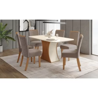 Mesa Luiza 1.200mm canto arredon c/ Vidro Nature/Off White Cadeira Malu 2 Unid Nature/Marrom Amendoa
