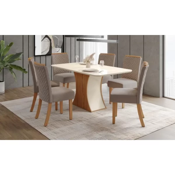 Mesa Luiza 1.200mm canto arredon c/ Vidro Nature/Off White Cadeira Malu 2 Unid Nature/Marrom Amendoa