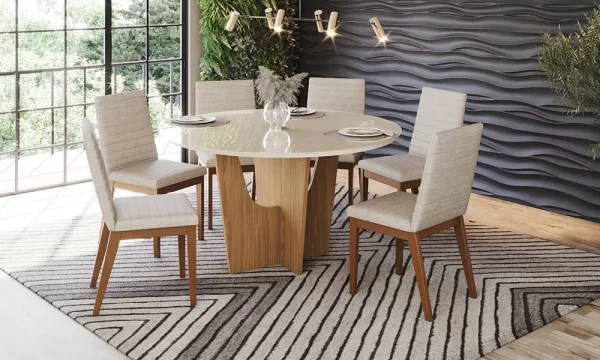 Mesa Vertice 1400mm Redonda c/ Vidro Nature/Off White