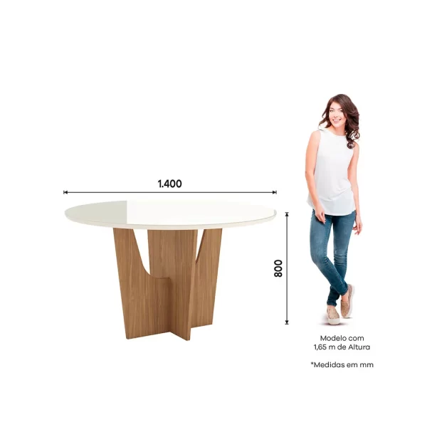 Mesa Vertice 1400mm Redonda c/ Vidro Nature/Off White