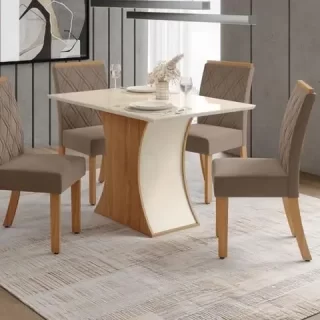 Mesa Luiza 1.200mm canto arredon c/ Vidro Nature/Off White Cadeira Malu 4 Unid Nature/Marrom Amendoa