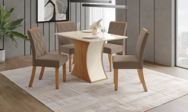 Mesa Luiza 1.200mm canto arredon c/ Vidro Nature/Off White Cadeira Malu 4 Unid Nature/Marrom Amendoa