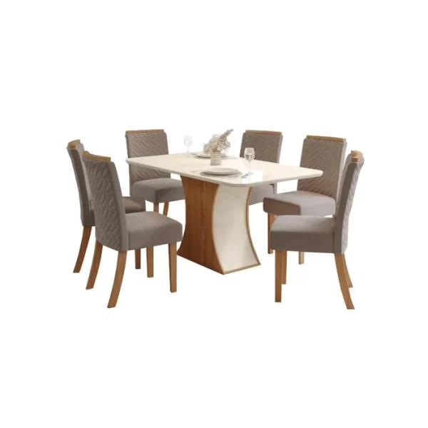 Mesa Luiza 1.200mm canto arredon c/ Vidro Nature/Off White Cadeira Malu 2 Unid Nature/Marrom Amendoa