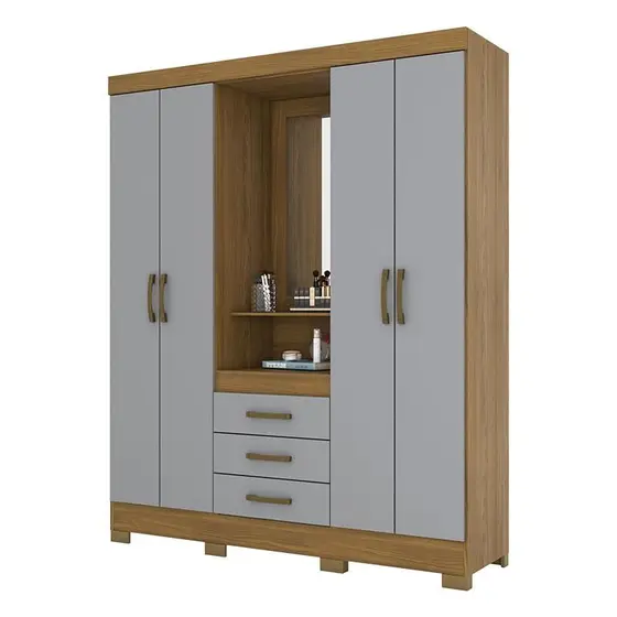B24-166 Roupeiro 04 Portas 03 Gavetas Nature/Cinza