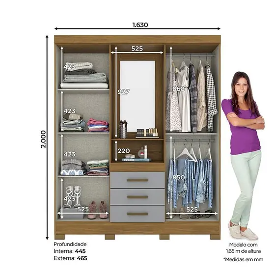 B24-166 Roupeiro 04 Portas 03 Gavetas Nature/Cinza