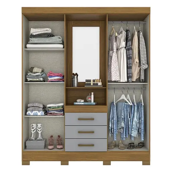 B24-166 Roupeiro 04 Portas 03 Gavetas Nature/Cinza