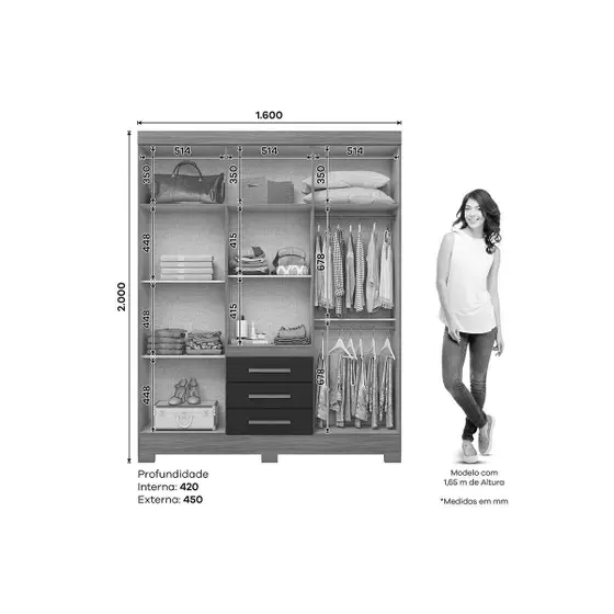 Roupeiro 06 Portas 03Gav Nature/Preto HP B375-215