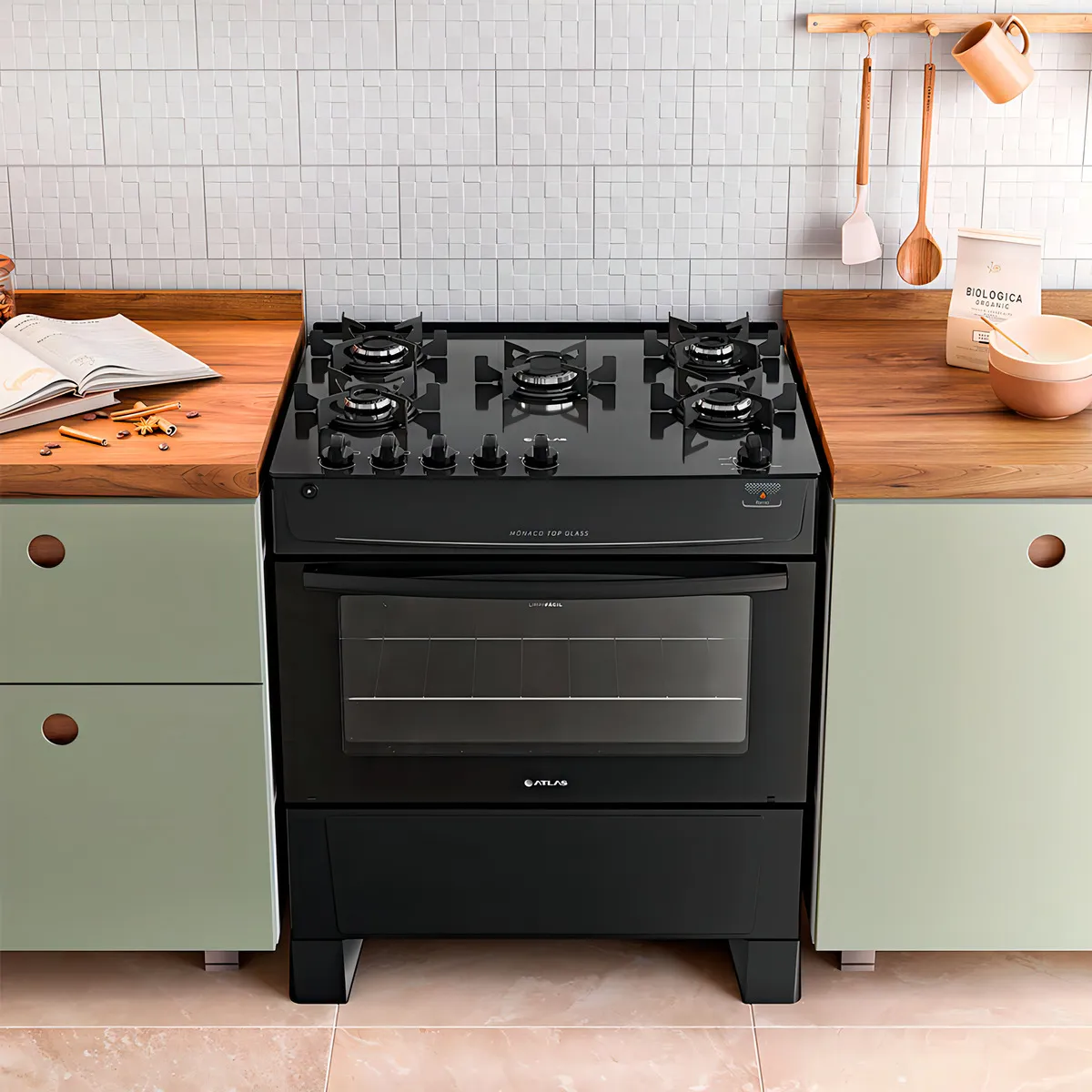 FOGÃO GÁS 5Q MONACO TOP GLASS PRETO