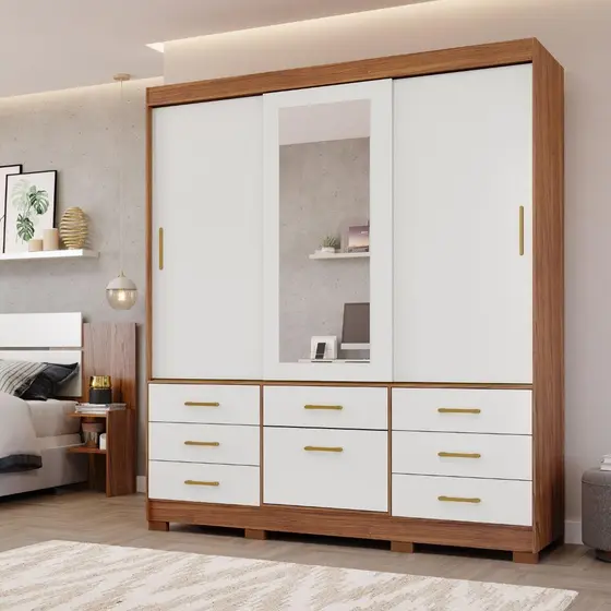 ROUPEIRO LUIZA 3 PORTAS SLIDE COM KIT ESPELHO CINAMOMO/OFF WHITE