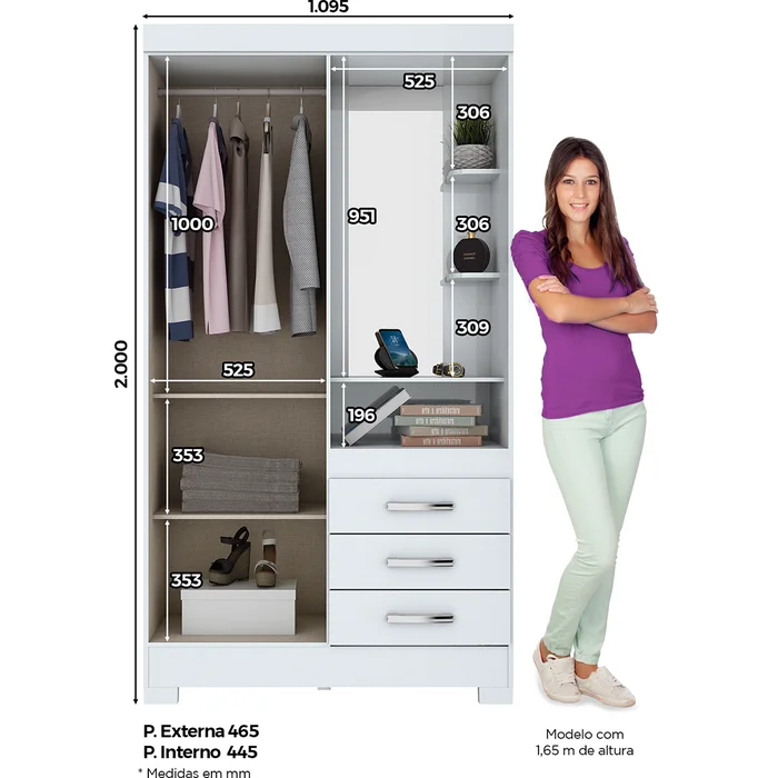 B64-66 Roupeiro 02 Portas 03 Gavetas Branco