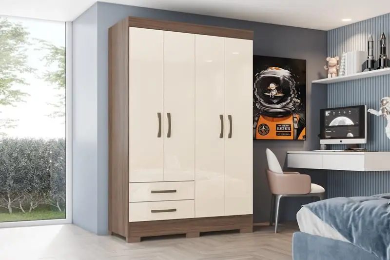 Roupeiro 04 Portas 02 Gavetas com Pes Castanho HP/OFF White