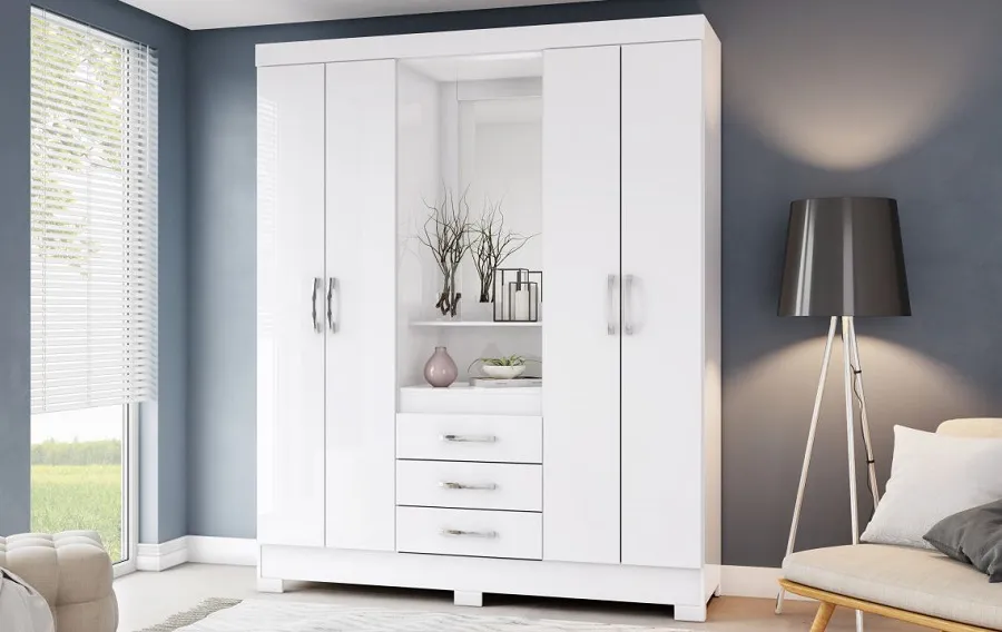 B24-66 Roupeiro 04 Portas 03 Gavetas Branco