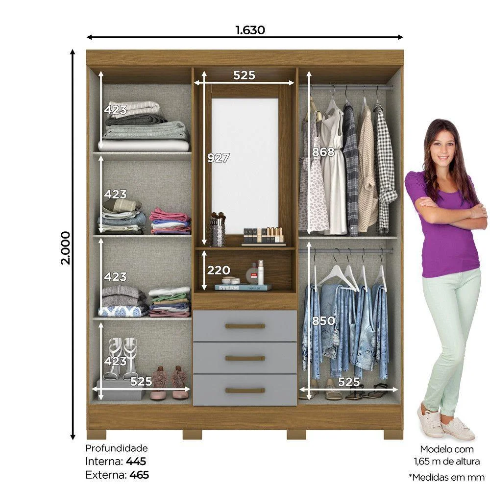 B24-166 Roupeiro 04 Portas 03 Gavetas Nature/Cinza