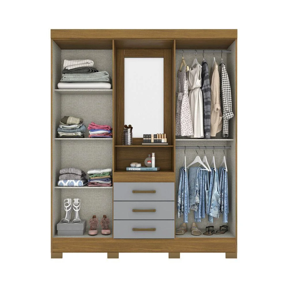 B24-166 Roupeiro 04 Portas 03 Gavetas Nature/Cinza