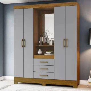 B24-166 Roupeiro 04 Portas 03 Gavetas Nature/Cinza