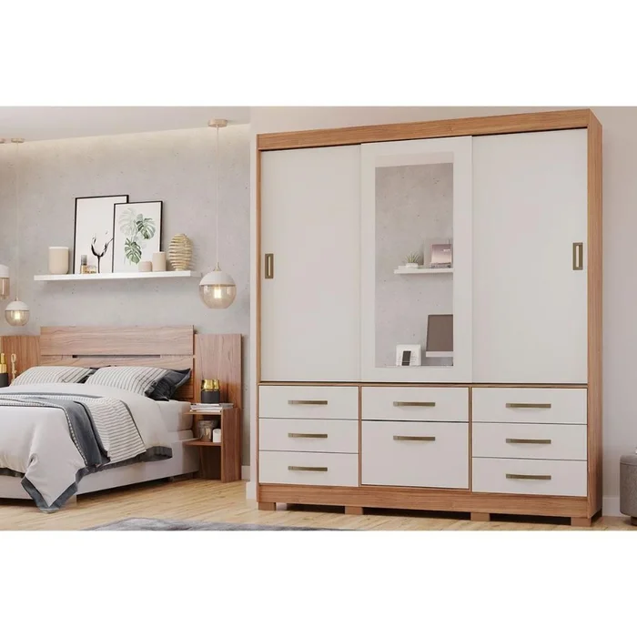 ROUPEIRO LUIZA 3 PORTAS SLIDE COM KIT ESPELHO CINAMOMO/OFF WHITE