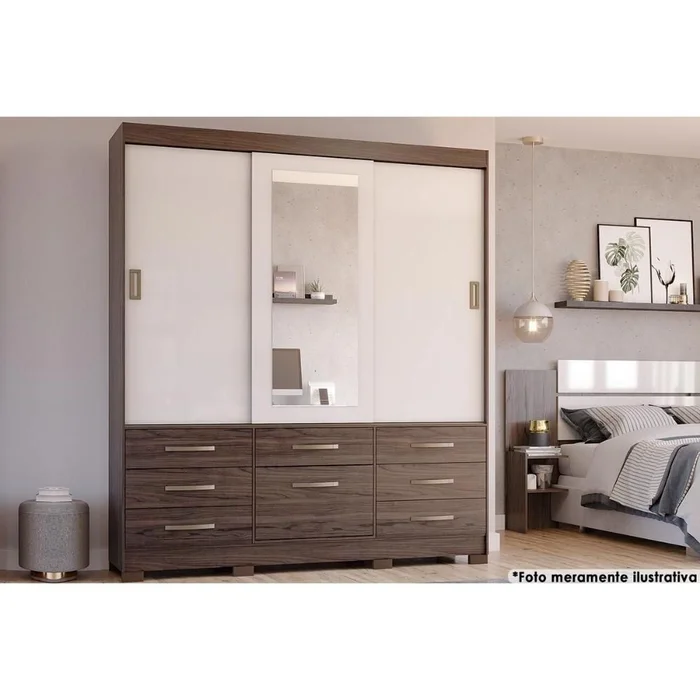 ROUPEIRO LUIZA 3 PORTAS SLIDE COM KIT ESPELHO CINAMOMO/OFF WHITE