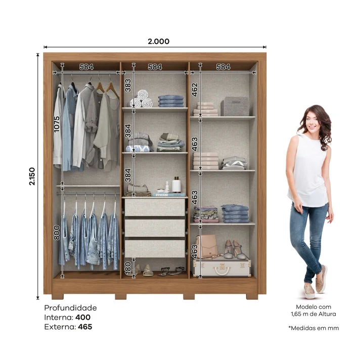 B366-215 Roupeiro 06 Portas Nature/Preto HP