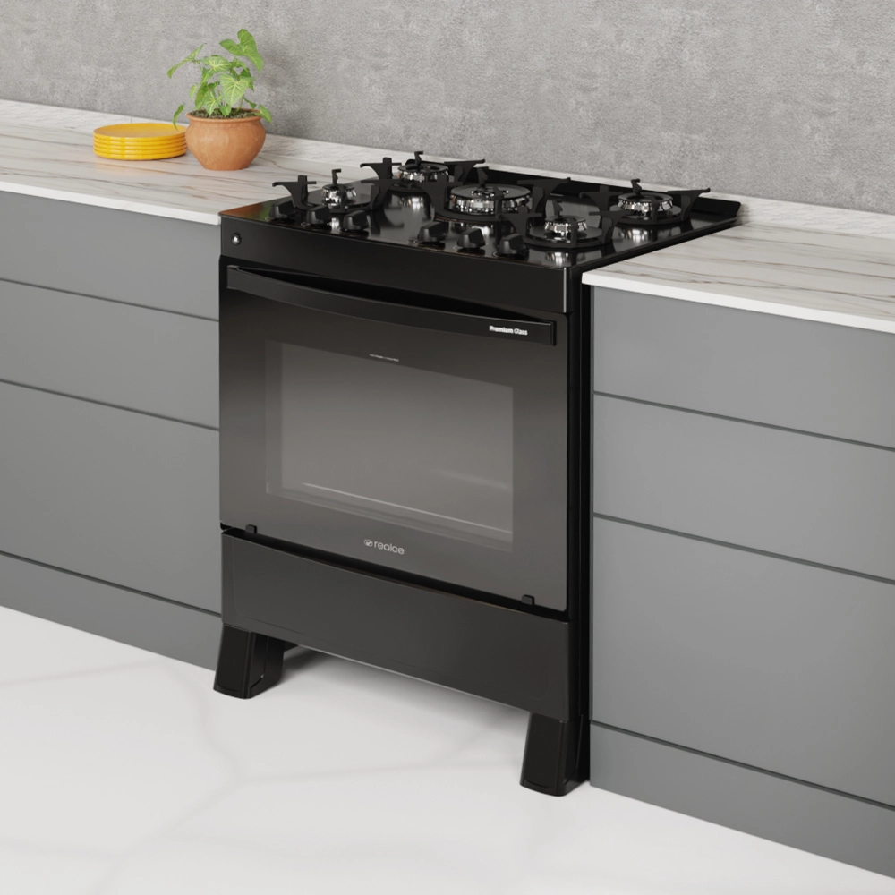 FOGAO A GAS REALCE PREMIUM GLASS 5Q PRETO