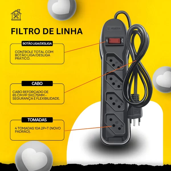 FILTRO DE LINHA 04 TOMADAS PRETO PP CIRCULAR 3X0,75X1,00M 10A MEGATRON