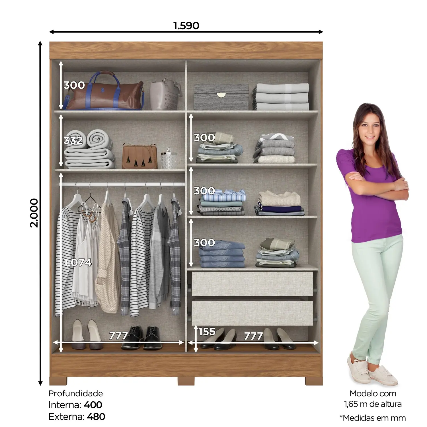 Roupeiro 2 Portas Deslizantes Nature/Off White/Cinza