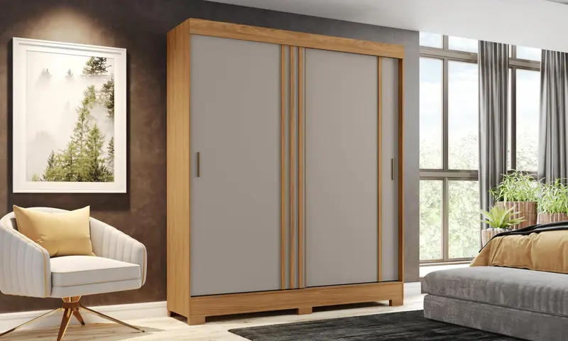 Roupeiro 2 Portas Deslizantes Nature/Off White/Cinza