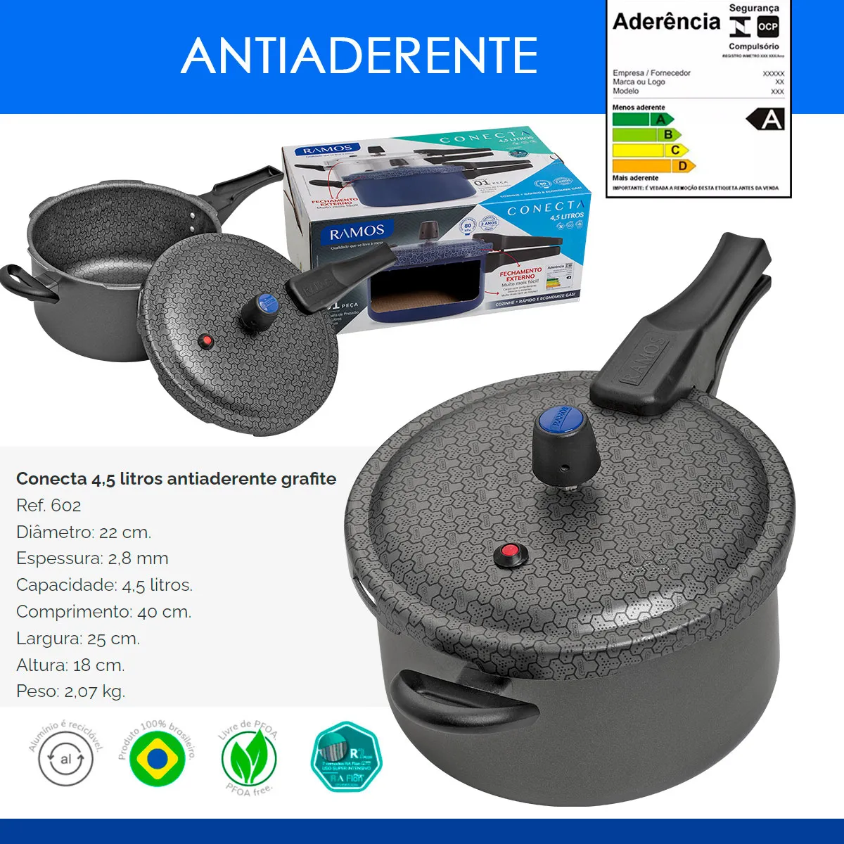 PANELA DE PRESSAO CONECTA RAMOS 4,5 L ANTIAD. GRAFITE (F.E.)