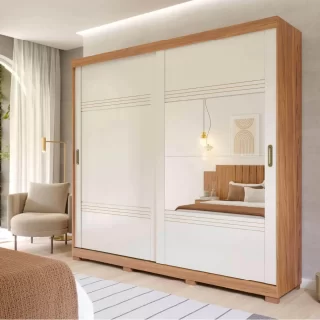 ROUPEIRO BLUMENAU 2 PORTAS SLIDE COM 2 KITS 2 ESPELHOS E KIT 8 PES RETANGULAR MENOR CINAMOMO/OFF WHITE